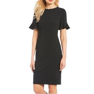 Calvin Klein CD0C13YM Petal Black Stretch Crepe Ruffle Sleeve Sheath Dress
